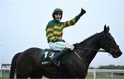 27 December 2024; Jockey Mark Walsh celebrates on Perceval Legallois after winning the Paddy Power Steeple chase 5-y-o plus on day two of the Leopardstown Christmas Festival at Leopardstown Racecourse in Dublin. Photo by David Fitzgerald/Sportsfile