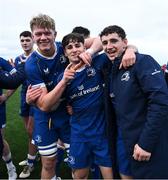 27 December 2024; Páidí Farrell of Leinster A, centre, celebrates with teammates Billy Corrigan and Cormac Foley after scoring 2 tries in the A Interprovincial Rugby Championship match between Munster A and Leinster A at New Ormond Park in Nenagh, Tipperary. Photo by Brendan Moran/Sportsfile