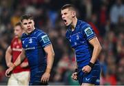 27 December 2024; Sam Prendergast of Leinster celebrates after scoring his side's second try during the United Rugby Championship match between Munster and Leinster at Thomond Park in Limerick. Photo by Seb Daly/Sportsfile