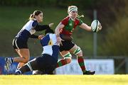 28 December 2024; Ruth Campbell of Clovers is tackled by Alma Atagamen of Wolfhounds during the Celtic Challenge match between Clovers and Wolfhounds at the UCD Bowl in Dublin. Photo by Piaras Ó Mídheach/Sportsfile