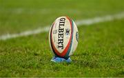 27 December 2024; A general view of a rugby football on a kicking tee during the United Rugby Championship match between Munster and Leinster at Thomond Park in Limerick. Photo by Brendan Moran/Sportsfile