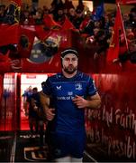 27 December 2024; Leinster captain Caelan Doris leads his side onto the pitch before the United Rugby Championship match between Munster and Leinster at Thomond Park in Limerick. Photo by Brendan Moran/Sportsfile