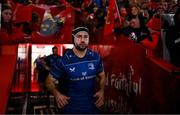 27 December 2024; Leinster captain Caelan Doris leads his side onto the pitch before the United Rugby Championship match between Munster and Leinster at Thomond Park in Limerick. Photo by Brendan Moran/Sportsfile