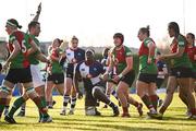 28 December 2024; Alma Atagamen of Wolfhounds, centre, after scoring her side's first try during the Celtic Challenge match between Clovers and Wolfhounds at the UCD Bowl in Dublin. Photo by Piaras Ó Mídheach/Sportsfile