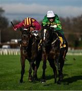 28 December 2024; Kaid D'authie, with Mark Walsh up, right, races ahead of Koktail Divin, with Rachael Blackmore up, to win the Savills Maiden Hurdle on day three of the Leopardstown Christmas Festival at Leopardstown Racecourse in Dublin. Photo by David Fitzgerald/Sportsfile