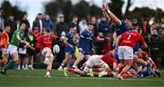 27 December 2024; Jake O’Riordan of Munster A clears during the A Interprovincial Rugby Championship match between Munster A and Leinster A at New Ormond Park in Nenagh, Tipperary. Photo by Brendan Moran/Sportsfile