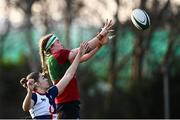 28 December 2024; Ruth Campbell of Clovers wins possession in the lineout ahead of Cliodhna Ni Chonchobhair of Wolfhounds during the Celtic Challenge match between Clovers and Wolfhounds at the UCD Bowl in Dublin. Photo by Piaras Ó Mídheach/Sportsfile