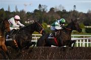 28 December 2024; Dee Capo, with Danny Gilligan up, right, jump the last ahead of Chapeau De Soleil, with Sean O'Keeffe up, on their way to winning the Ballymaloe Relish Beginners Steeplechase on day three of the Leopardstown Christmas Festival at Leopardstown Racecourse in Dublin. Photo by David Fitzgerald/Sportsfile