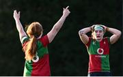 28 December 2024; Ruth Campbell of Clovers celebrates with team-mate Sophie Barrett, 18, after their side's victory in the Celtic Challenge match between Clovers and Wolfhounds at the UCD Bowl in Dublin. Photo by Piaras Ó Mídheach/Sportsfile