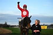 28 December 2024; J J Slevin celebrates on Home By The Lee after winning the Savills Hurdle (Grade 1) 4-y-o plus on day three of the Leopardstown Christmas Festival at Leopardstown Racecourse in Dublin. Photo by David Fitzgerald/Sportsfile