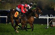 28 December 2024; Home By The Lee, left, with J J Slevin up, leads Bob Olinger, with Rachael Blackmore up, on their way to winning the Savills Hurdle (Grade 1) 4-y-o plus on day three of the Leopardstown Christmas Festival at Leopardstown Racecourse in Dublin. Photo by David Fitzgerald/Sportsfile