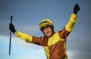 28 December 2024; Paul Townend celebrates after winning the Savills Steeplechase (Grade 1) 5-y-o plus aboard Galopin Des Champs on day three of the Leopardstown Christmas Festival at Leopardstown Racecourse in Dublin. Photo by David Fitzgerald/Sportsfile