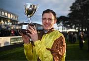 28 December 2024; Jockey Paul Townend with the trophy after winning the Savills Steeplechase (Grade 1) 5-y-o plus aboard Galopin Des Champs on day three of the Leopardstown Christmas Festival at Leopardstown Racecourse in Dublin. Photo by David Fitzgerald/Sportsfile