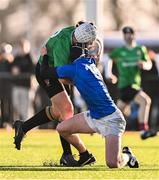 2 January 2025; Edon Nimani of South East is tackled by Dan Downey of North Midlands during the BearingPoint Shane Horgan Cup Round 3 match between South East and North Midlands at Shay Murtagh Park in Mullingar, Westmeath. Photo by Ben McShane/Sportsfile