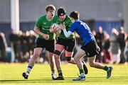 2 January 2025; Ollie Molloy of South East is tackled by Harry Ward of North Midlands during the BearingPoint Shane Horgan Cup Round 3 match between South East and North Midlands at Shay Murtagh Park in Mullingar, Westmeath. Photo by Ben McShane/Sportsfile