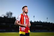 2 January 2025; St Patrick's Athletic new signing Sean Hoare stands for a portrait during his unveiling at Richmond Park in Dublin. Photo by David Fitzgerald/Sportsfile