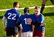 2 January 2025; Dan Downey of North Midlands, centre, celebrates with teammate Cillian James after scoring a try for their side during the BearingPoint Shane Horgan Cup Round 3 match between South East and North Midlands at Shay Murtagh Park in Mullingar, Westmeath. Photo by Ben McShane/Sportsfile