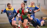 4 January 2025; Emily Lane of Clovers on her way to scoring her side's first try despite the tackle of Lily Terry of Gwalia Lightning during the Celtic Challenge match between Clovers and Gwalia Lightning at Kingspan Stadium in Belfast. Photo by Ramsey Cardy/Sportsfile