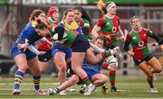 4 January 2025; Enya Breen of Clovers is tackled by Carys Hughes of Gwalia Lightning during the Celtic Challenge match between Clovers and Gwalia Lightning at Kingspan Stadium in Belfast. Photo by Ramsey Cardy/Sportsfile