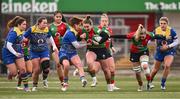 4 January 2025; Enya Breen of Clovers is tackled by Carys Hughes of Gwalia Lightning during the Celtic Challenge match between Clovers and Gwalia Lightning at Kingspan Stadium in Belfast. Photo by Ramsey Cardy/Sportsfile