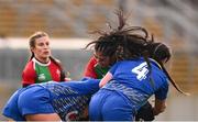 4 January 2025; Ivana Kiripati of Clovers is tackled by Paige Jones, left, and Lily Terry of Gwalia Lightning during the Celtic Challenge match between Clovers and Gwalia Lightning at Kingspan Stadium in Belfast. Photo by Ramsey Cardy/Sportsfile