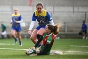 4 January 2025; Hannah Clarke of Clovers scores her side's third try during the Celtic Challenge match between Clovers and Gwalia Lightning at Kingspan Stadium in Belfast. Photo by Ramsey Cardy/Sportsfile