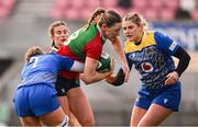 4 January 2025; Anna McGann of Clovers is tackled by Paige Jones of Gwalia Lightning during the Celtic Challenge match between Clovers and Gwalia Lightning at Kingspan Stadium in Belfast. Photo by Ramsey Cardy/Sportsfile