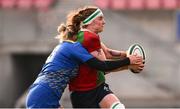 4 January 2025; Ruth Campbell of Clovers is tackled by Carys Williams-Morris of Gwalia Lightning during the Celtic Challenge match between Clovers and Gwalia Lightning at Kingspan Stadium in Belfast. Photo by Ramsey Cardy/Sportsfile