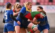 4 January 2025; Ruth Campbell of Clovers is tackled by Carys Williams-Morris and Caitlin Lewis of Gwalia Lightning during the Celtic Challenge match between Clovers and Gwalia Lightning at Kingspan Stadium in Belfast. Photo by Ramsey Cardy/Sportsfile