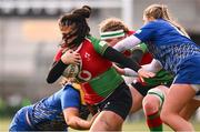 4 January 2025; Ivana Kiripati of Clovers is tackled by Maisie Davies, left, and Molly Anderson-Thomas of Gwalia Lightning during the Celtic Challenge match between Clovers and Gwalia Lightning at Kingspan Stadium in Belfast. Photo by Ramsey Cardy/Sportsfile