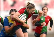 4 January 2025; Anna McGann of Clovers in action against Maisie Davies of Gwalia Lightning during the Celtic Challenge match between Clovers and Gwalia Lightning at Kingspan Stadium in Belfast. Photo by Ramsey Cardy/Sportsfile