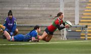 4 January 2025; Emily Lane of Clovers scores her side's fourth try during the Celtic Challenge match between Clovers and Gwalia Lightning at Kingspan Stadium in Belfast. Photo by Ramsey Cardy/Sportsfile