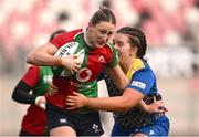 4 January 2025; Anna McGann of Clovers in action against Maisie Davies of Gwalia Lightning during the Celtic Challenge match between Clovers and Gwalia Lightning at Kingspan Stadium in Belfast. Photo by Ramsey Cardy/Sportsfile