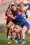 4 January 2025; Alanna McInerney of Clovers is tackled by Seren Lockwoods of Gwalia Lightning during the Celtic Challenge match between Clovers and Gwalia Lightning at Kingspan Stadium in Belfast. Photo by Ramsey Cardy/Sportsfile