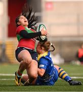 4 January 2025; Ivana Kiripati of Clovers is tackled by Dali Hopkins of Gwalia Lightning during the Celtic Challenge match between Clovers and Gwalia Lightning at Kingspan Stadium in Belfast. Photo by Ramsey Cardy/Sportsfile