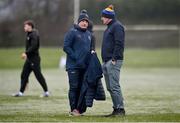 4 January 2025; Tipperary manager Liam Cahill, left, and Clare manager Brian Lohan in discussion before the Intercounty Hurling Challenge Match between Tipperary and Clare at Páirc Shilean in Templemore, Tipperary. Photo by David Fitzgerald/Sportsfile