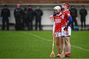 4 January 2025; Cork players Luke Meade, left, and Ethan Twomey stand for the playing of Amhrán na bhFiann before the Intercounty Hurling Challenge Match between Waterford and Cork at Fraher Field in Dungarvan, Waterford. Photo by Seb Daly/Sportsfile