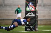 4 January 2025; Linda Djougang of Wolfhounds scores her side's first try during the Celtic Challenge match between Wolfhounds and Glasgow Warriors at Kingspan Stadium in Belfast. Photo by Ramsey Cardy/Sportsfile