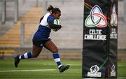 4 January 2025; Linda Djougang of Wolfhounds on her way to scoring her side's first try during the Celtic Challenge match between Wolfhounds and Glasgow Warriors at Kingspan Stadium in Belfast. Photo by Ramsey Cardy/Sportsfile