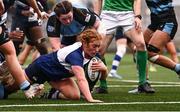 4 January 2025; Niamh O’Dowd of Wolfhounds scores her side's third try during the Celtic Challenge match between Wolfhounds and Glasgow Warriors at Kingspan Stadium in Belfast. Photo by Ramsey Cardy/Sportsfile