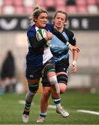 4 January 2025; Erin King of Wolfhounds on her way to scoring her side's fourth try during the Celtic Challenge match between Wolfhounds and Glasgow Warriors at Kingspan Stadium in Belfast. Photo by Ramsey Cardy/Sportsfile