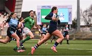 4 January 2025; Katie Corrigan of Wolfhounds scores a try during the Celtic Challenge match between Wolfhounds and Glasgow Warriors at Kingspan Stadium in Belfast. Photo by Ramsey Cardy/Sportsfile