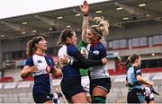 4 January 2025; Erin King of Wolfhounds celebrates with Katie Corrigan, left, after scoring their side's fourth try during the Celtic Challenge match between Wolfhounds and Glasgow Warriors at Kingspan Stadium in Belfast. Photo by Ramsey Cardy/Sportsfile