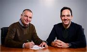 10 Janury 2025; Republic of Ireland U21 manager Jim Crawford, left, with FAI chief football officer Marc Canham, as he signs a contract renewal, at FAI Headquarters in Abbotstown, Dublin. Photo by Seb Daly/Sportsfile