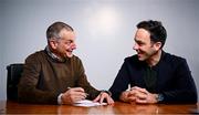 10 Janury 2025; Republic of Ireland U21 manager Jim Crawford, left, with FAI chief football officer Marc Canham, as he signs a contract renewal, at FAI Headquarters in Abbotstown, Dublin. Photo by Seb Daly/Sportsfile