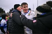 4 January 2025; Ruairi Forbes of Ballinderry celebrates with supporters after his side's victory in the AIB GAA Football All-Ireland Intermediate Club Championship semi-final match between Austin Stacks and Ballinderry at Parnell Park in Dublin. Photo by Ben McShane/Sportsfile