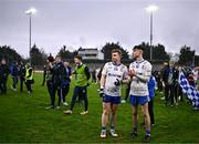 4 January 2025; Ballinderry players Eoin McCracken, left, and Tiarnan Rocks after their side's victory in the AIB GAA Football All-Ireland Intermediate Club Championship semi-final match between Austin Stacks and Ballinderry at Parnell Park in Dublin. Photo by Ben McShane/Sportsfile