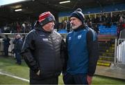 4 January 2025; Cork manager Pat Ryan, left, in conversation with Waterford manager Peter Queally after the Intercounty Hurling Challenge Match between Waterford and Cork at Fraher Field in Dungarvan, Waterford. Photo by Seb Daly/Sportsfile