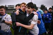 4 January 2025; Shea McCann of Ballinderry celebrates with supporters after his side's victory in the AIB GAA Football All-Ireland Intermediate Club Championship semi-final match between Austin Stacks and Ballinderry at Parnell Park in Dublin. Photo by Ben McShane/Sportsfile