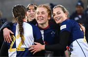 4 January 2025; Wolfhounds players, from left, Vicky Elmes Kinlan, Niamh O’Dowd and Megan Burns after the Celtic Challenge match between Wolfhounds and Glasgow Warriors at Kingspan Stadium in Belfast. Photo by Ramsey Cardy/Sportsfile